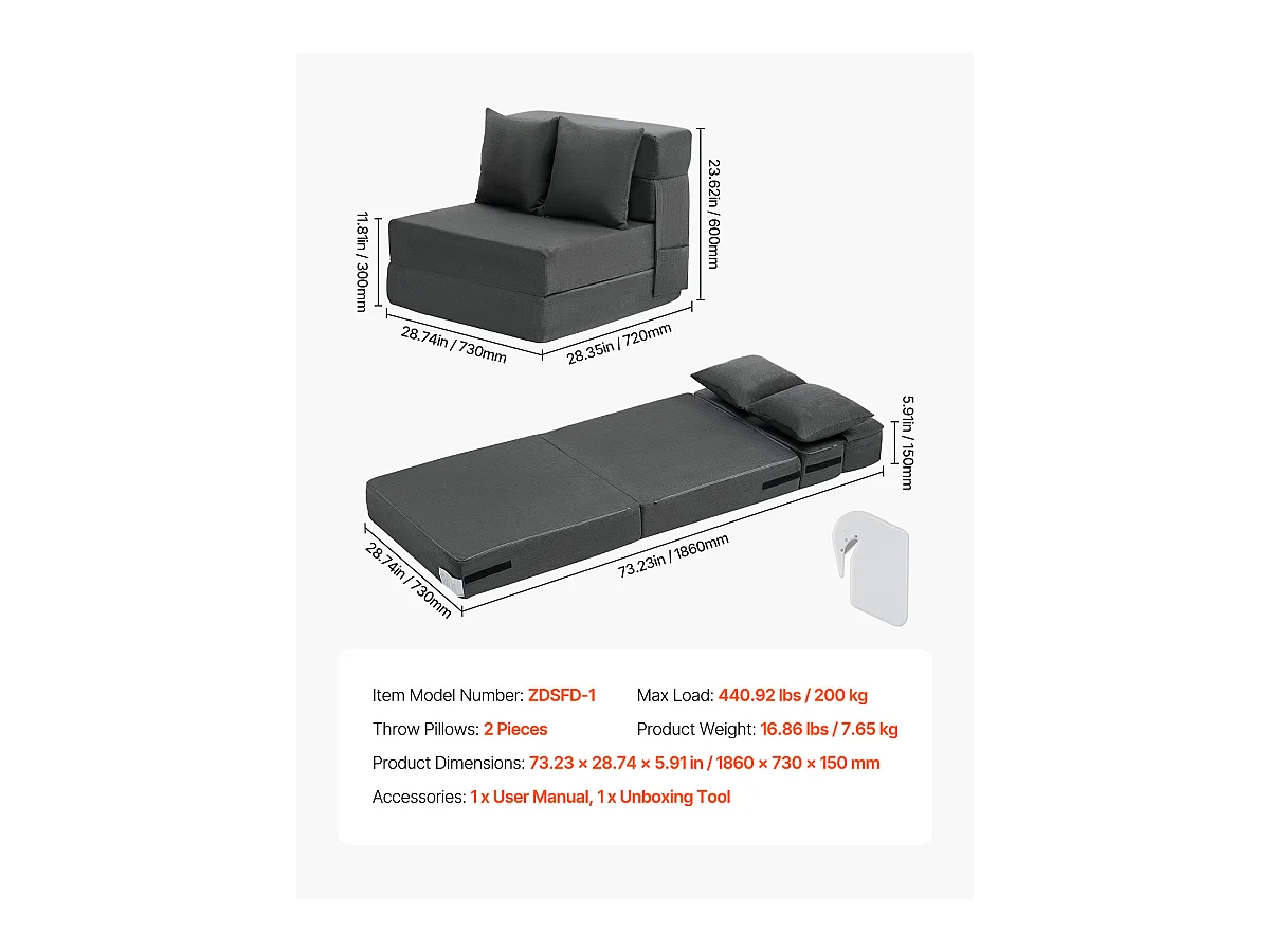 Canapé-Lit Pliant SucceBuy, 3 en 1 Pliable avec 2 Oreillers, Gris Foncé, Simple