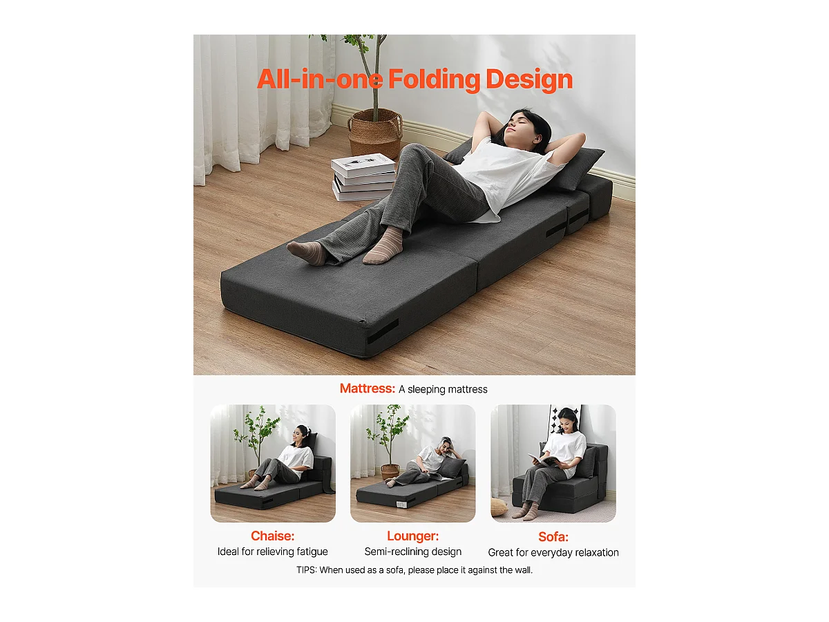 Canapé-Lit Pliant SucceBuy, 3 en 1 Pliable avec 2 Oreillers, Gris Foncé, Simple