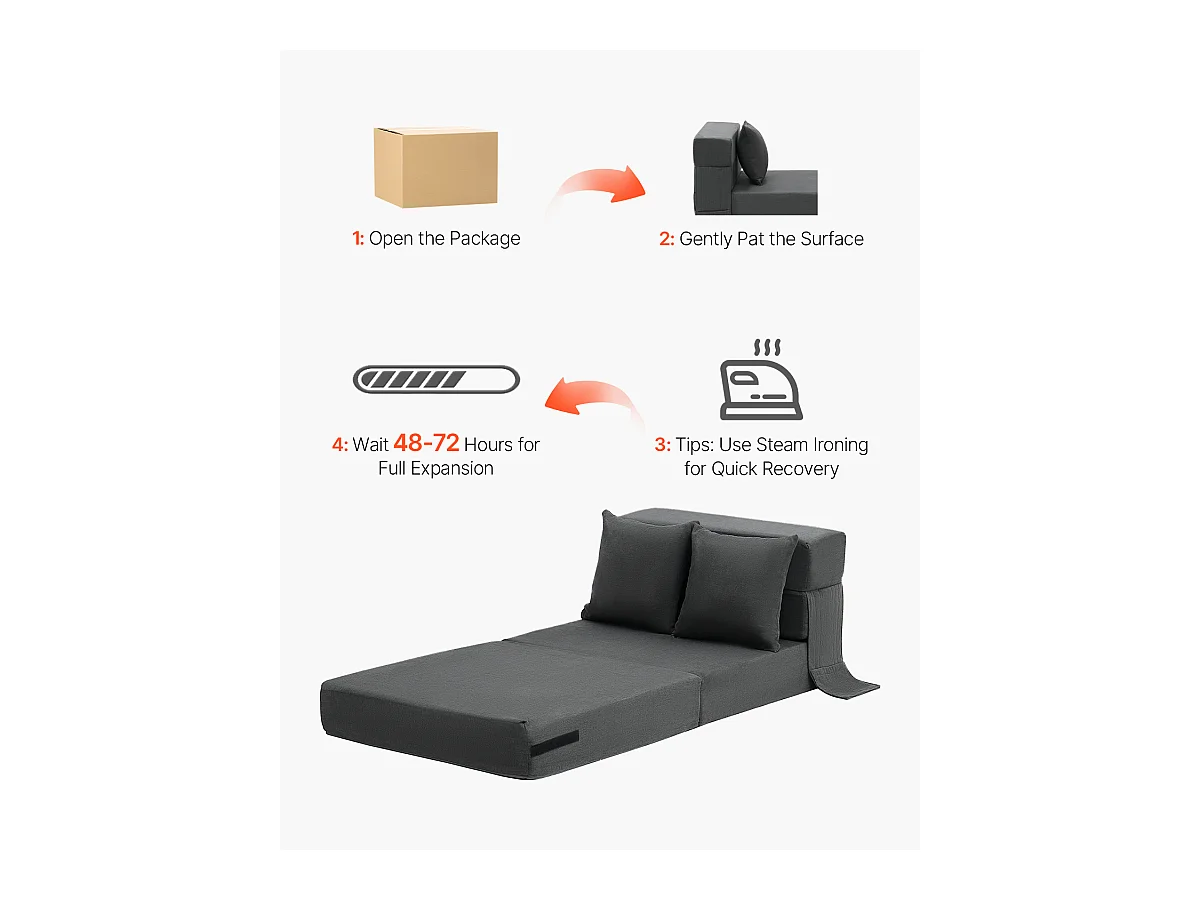 Canapé-Lit Pliant SucceBuy, 3 en 1 Pliable avec 2 Oreillers, Gris Foncé, Simple
