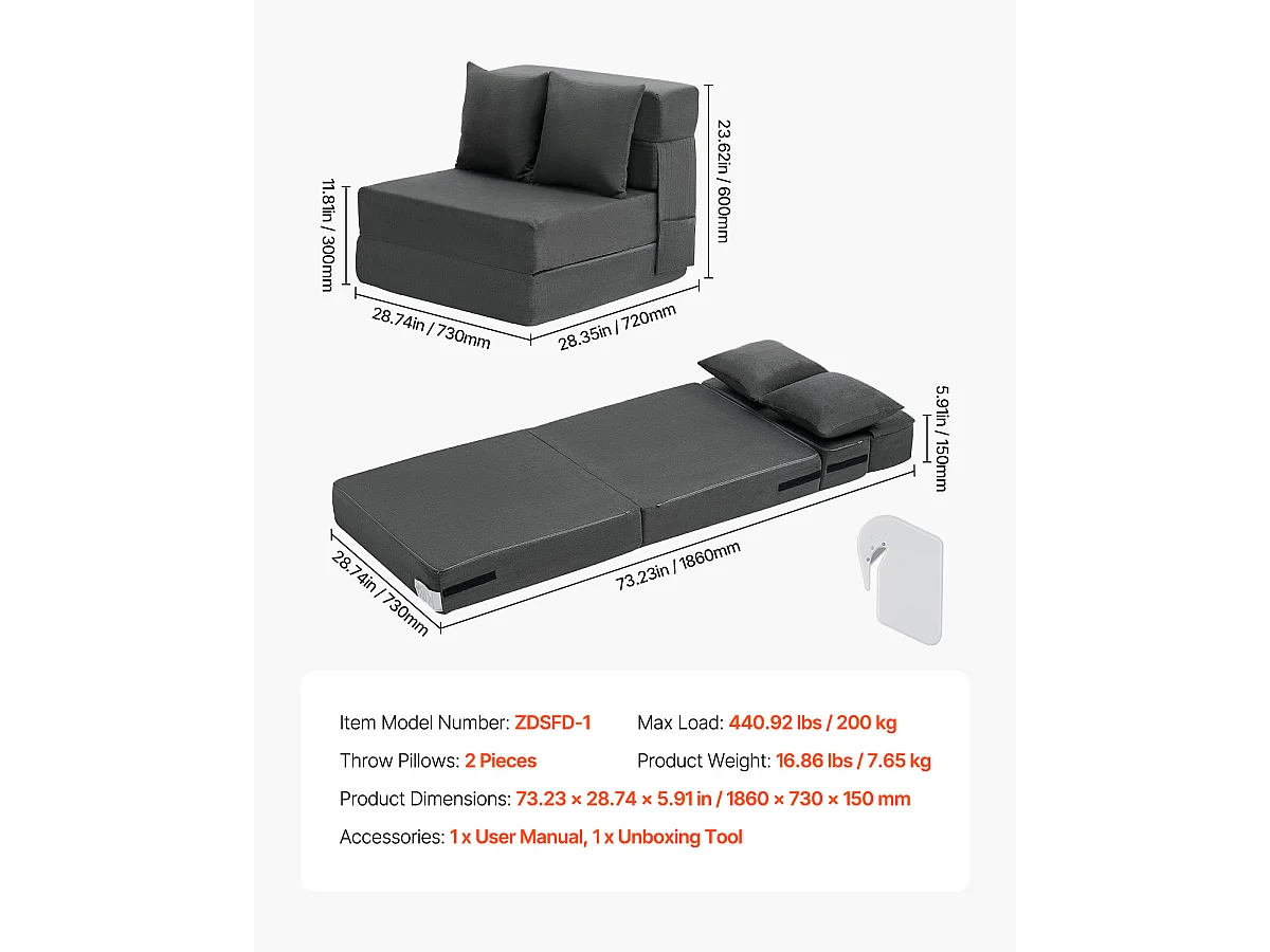 Canapé-Lit Pliant SucceBuy, 3 en 1 Pliable avec 2 Oreillers, Gris Foncé, Simple