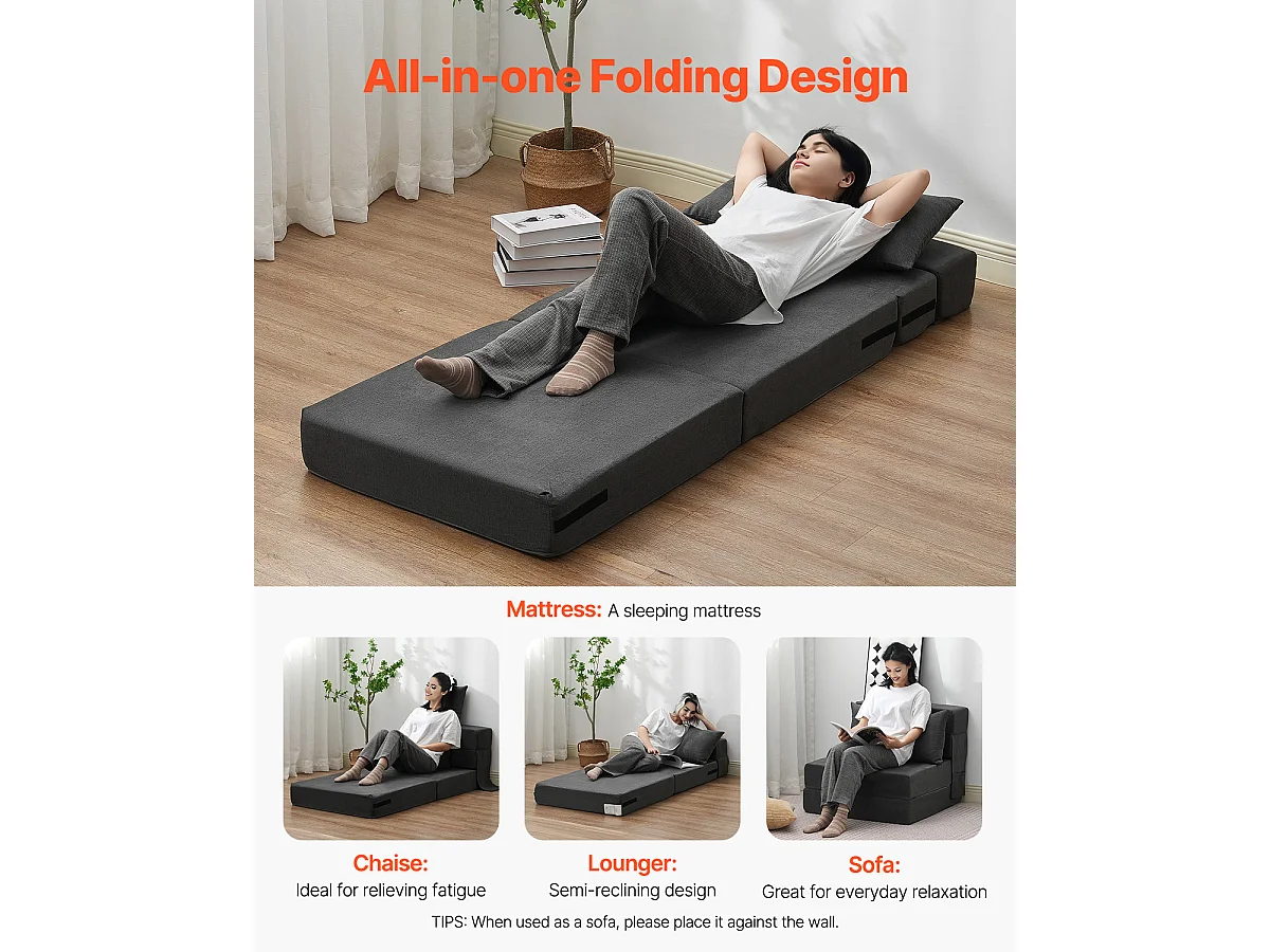 Canapé-Lit Pliant SucceBuy, 3 en 1 Pliable avec 2 Oreillers, Gris Foncé, Simple