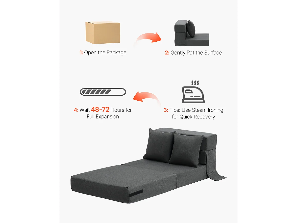 Canapé-Lit Pliant SucceBuy, 3 en 1 Pliable avec 2 Oreillers, Gris Foncé, Simple