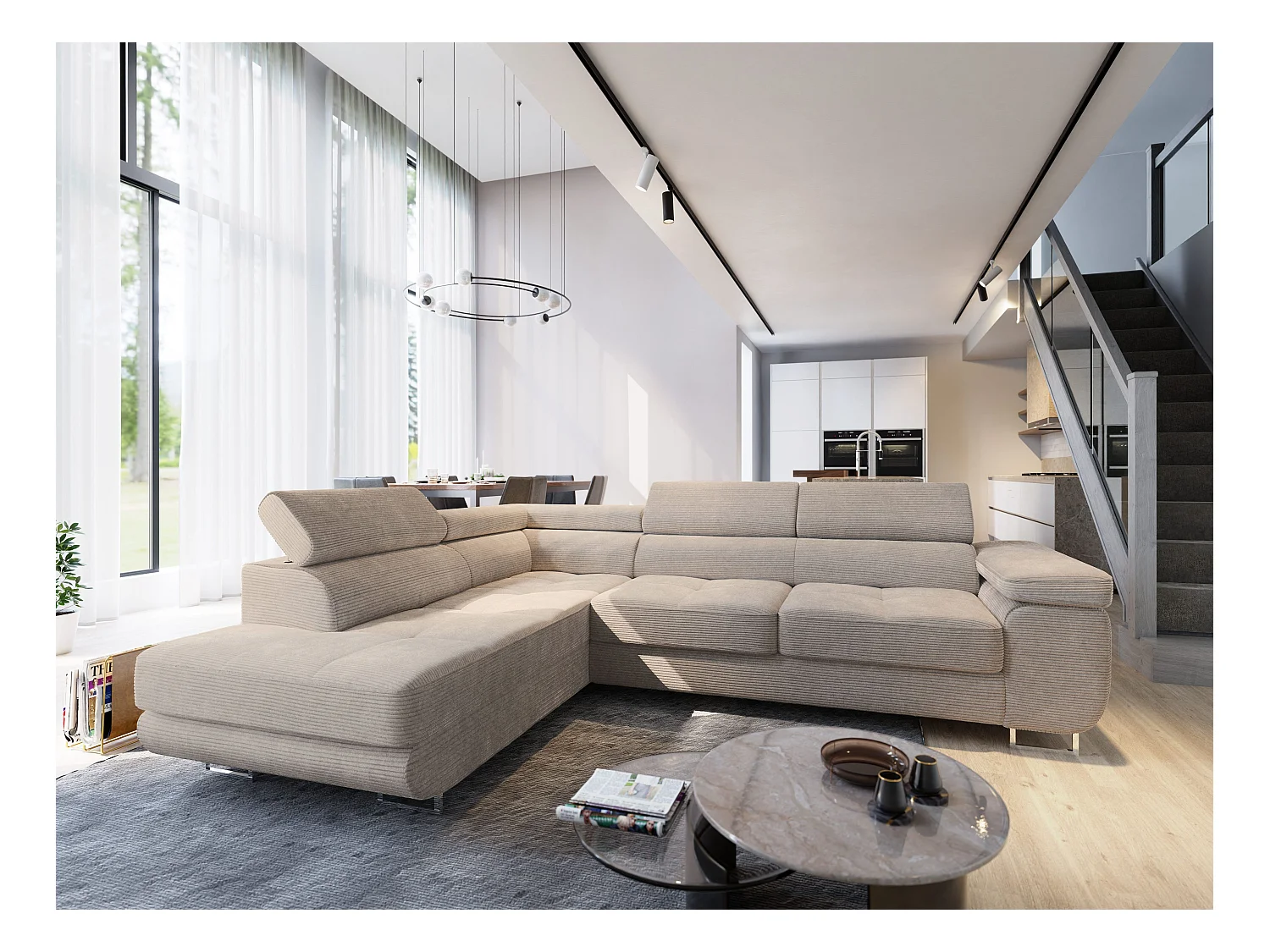 Canapé d'angle APIRO Beige en velours côtelé avec fonction de couchage