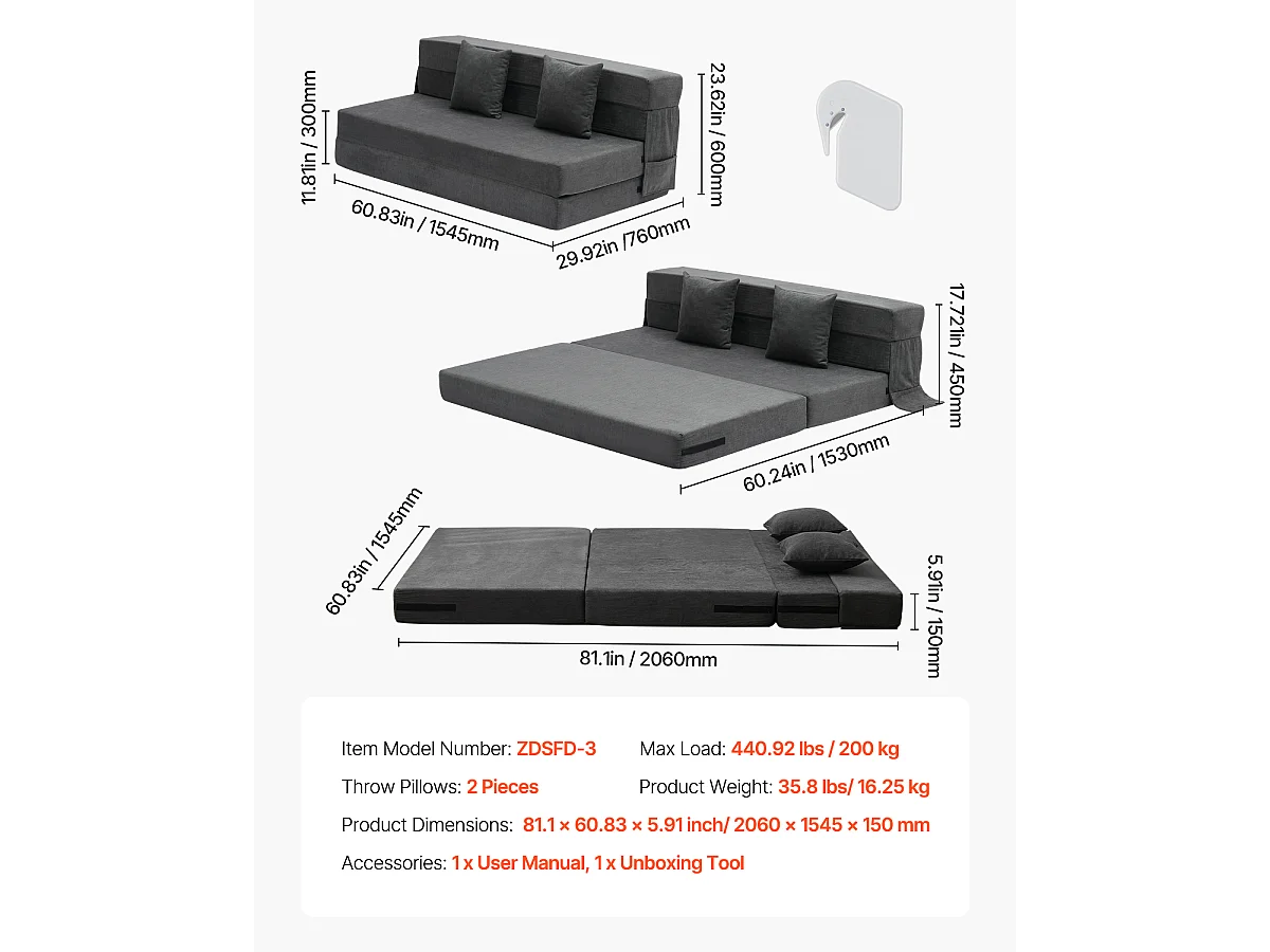 Vouwbare Slaapbank SucceBuy, 3-in-1 met 2 Kussens, Donkergrijs, Queen Size