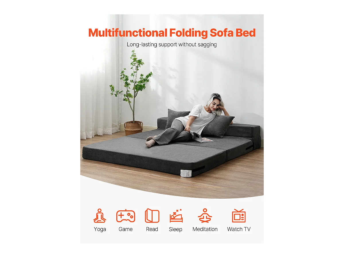 Vouwbare Slaapbank SucceBuy, 3-in-1 met 2 Kussens, Donkergrijs, Queen Size