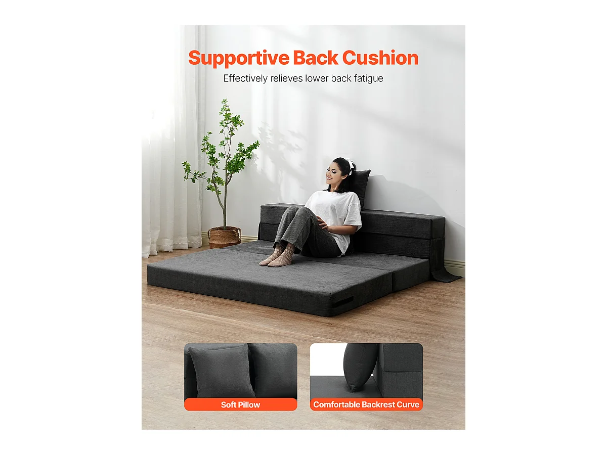 Vouwbare Slaapbank SucceBuy, 3-in-1 met 2 Kussens, Donkergrijs, Queen Size