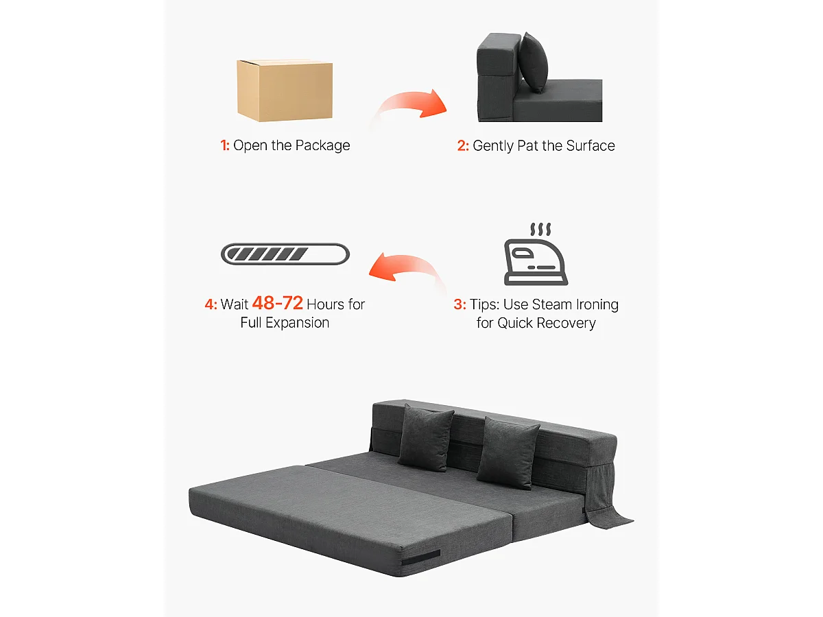 Vouwbare Slaapbank SucceBuy, 3-in-1 met 2 Kussens, Donkergrijs, Queen Size