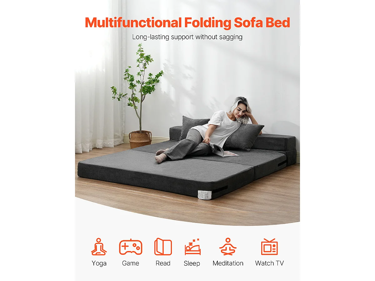 Sofá-Cama Plegável SucceBuy, 3 em 1 com 2 Travesseiros, Cinza Escuro, Queen