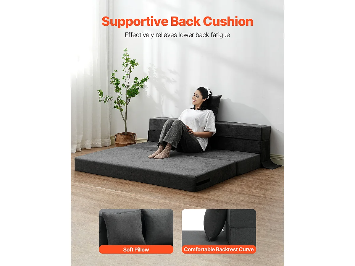 Sofá-Cama Plegável SucceBuy, 3 em 1 com 2 Travesseiros, Cinza Escuro, Queen