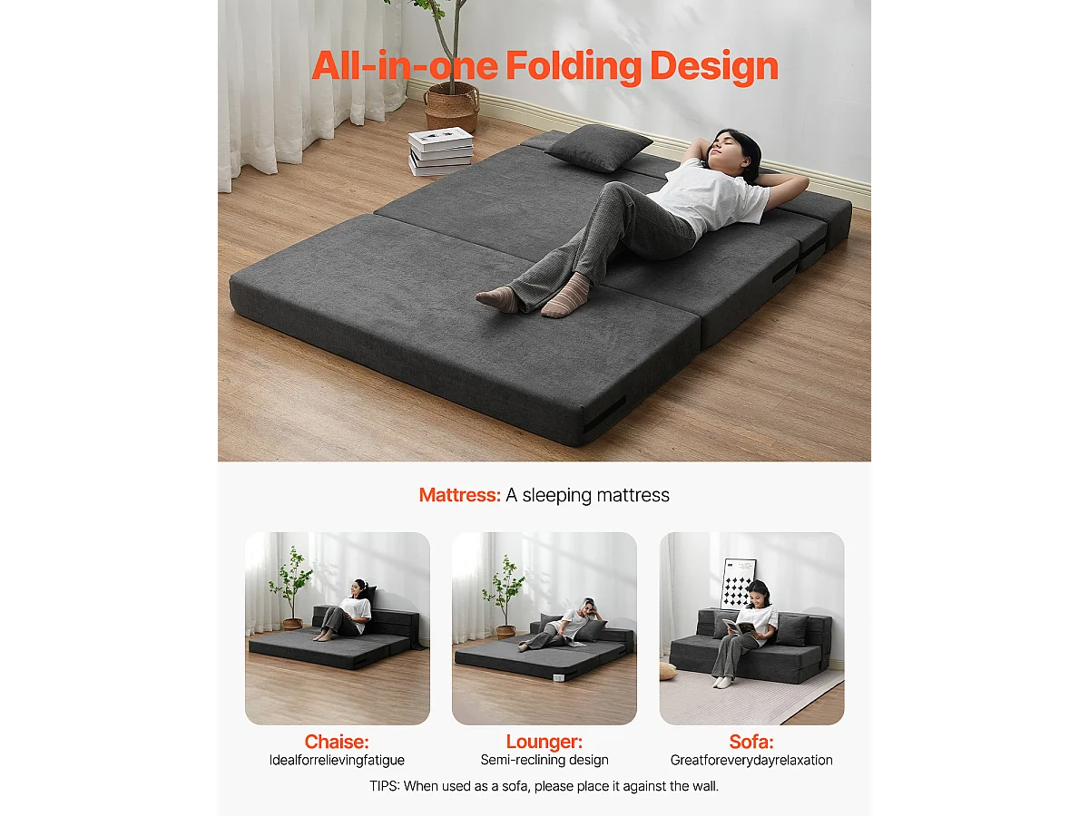 Sofá-Cama Plegável SucceBuy, 3 em 1 com 2 Travesseiros, Cinza Escuro, Queen