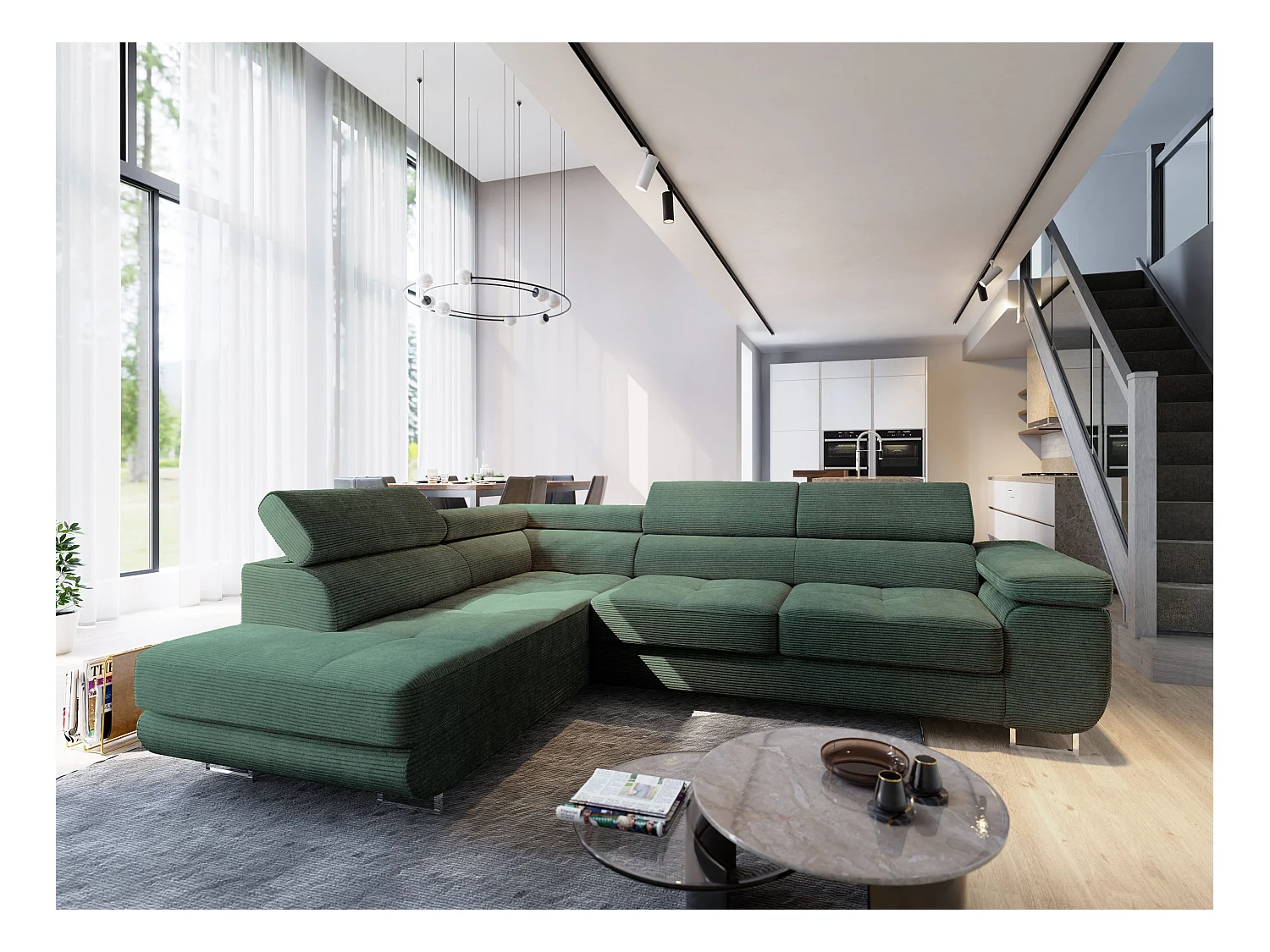 Canapé d'angle APIRO Vert en velours côtelé avec fonction de couchage