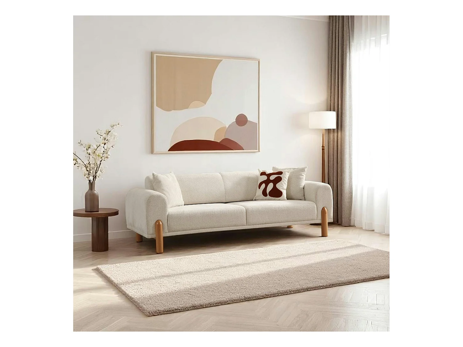 Canapé 3 places écru - lit d'appoint, pieds bois LUCCA