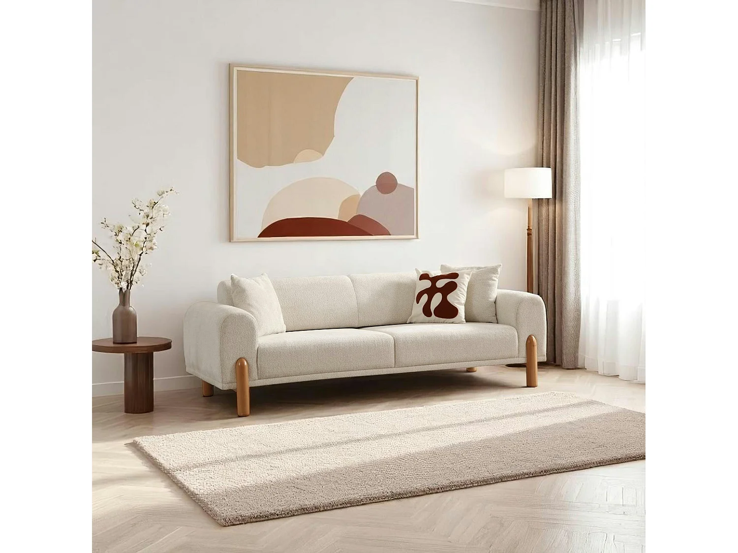 Canapé 3 places écru - lit d'appoint, pieds bois LUCCA