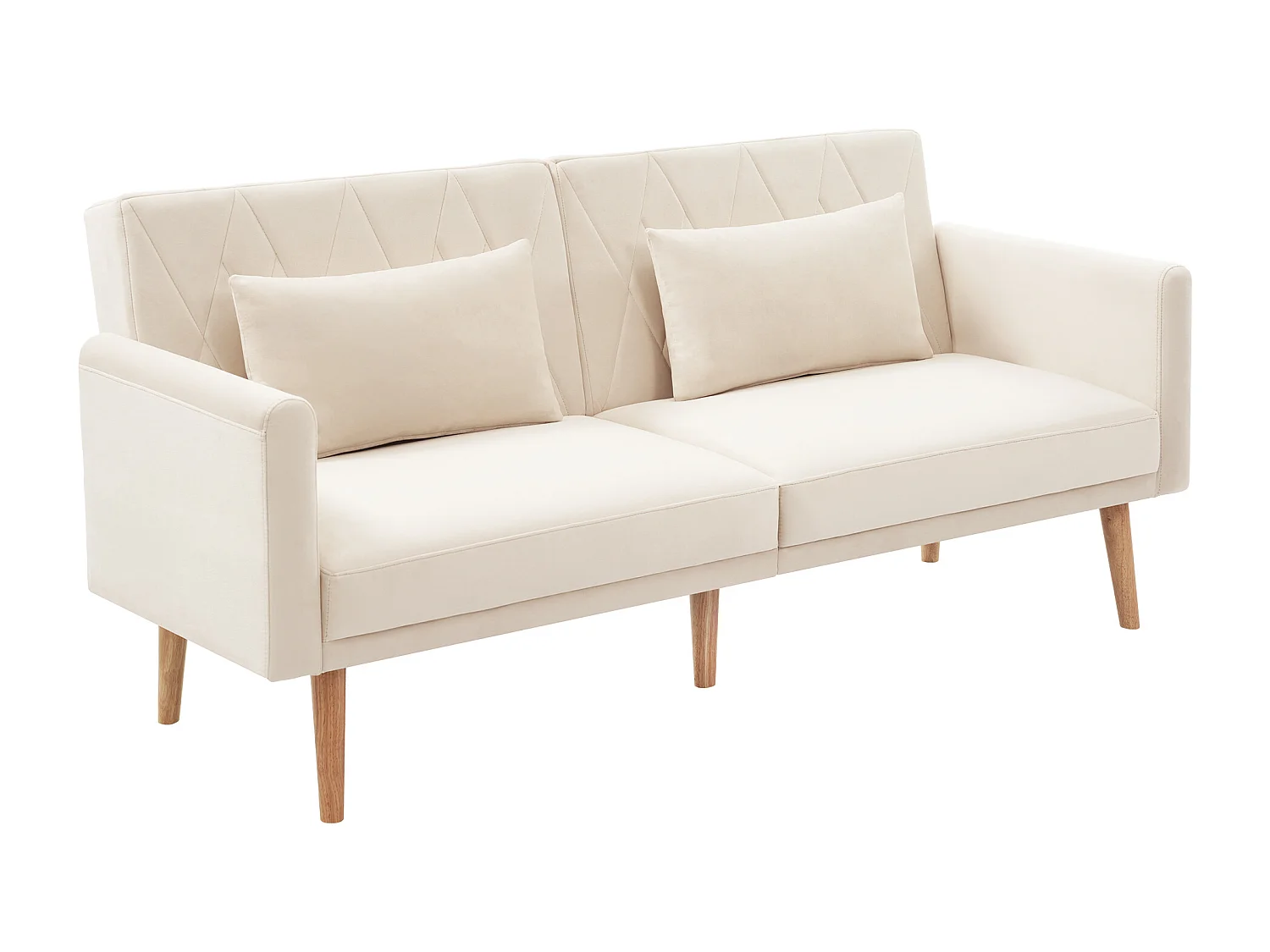 Canapé droit 2 places convertible en velours beige, 2 coussins inclus-180x75x82cm