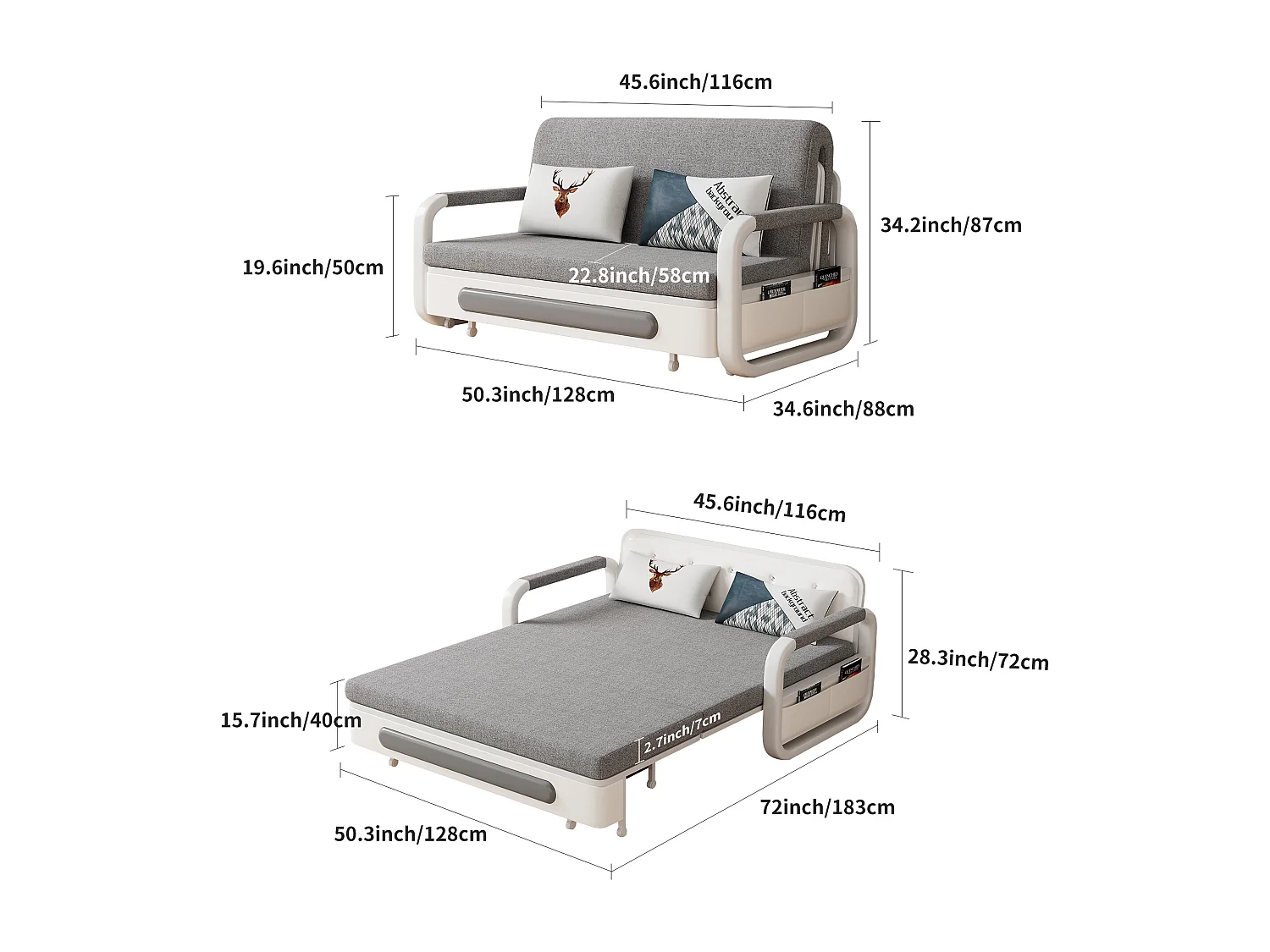 Omvormbare slaapbank met bed- en opbergruimtefunctie, slaapbank voor kleine ruimtes en woonkamers, 128 cm