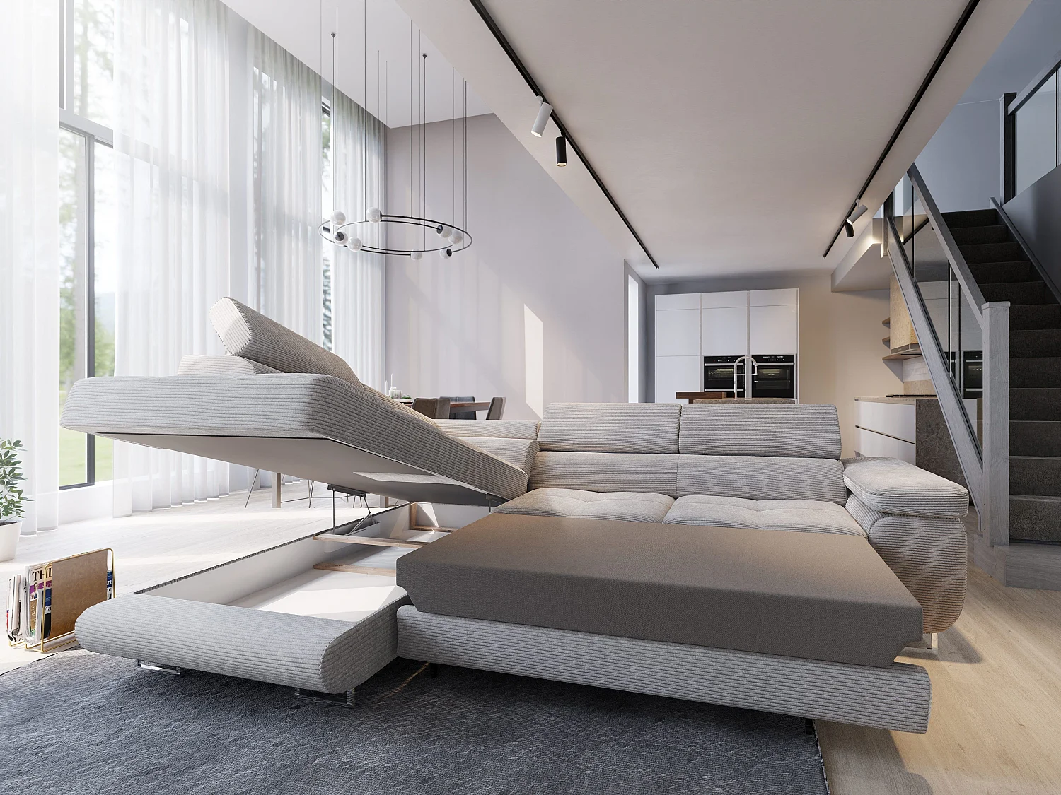 Canapé d'angle APIRO Parme en velours côtelé avec fonction de couchage