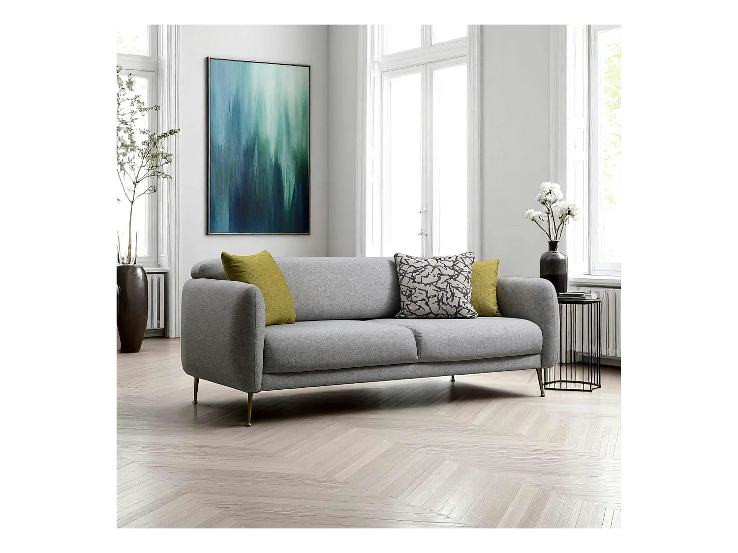 Canapé 3 places gris - lit d'appoint, pieds métal PAIMPOL