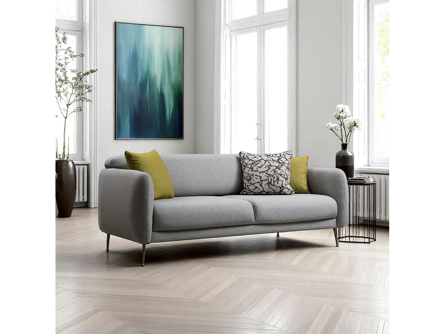 Canapé 3 places gris - lit d'appoint, pieds métal PAIMPOL