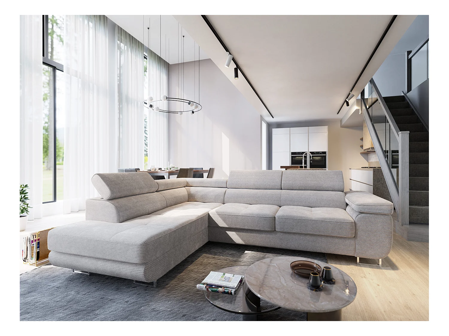 Canapé d'angle APIRO Crème en velours côtelé avec fonction de couchage