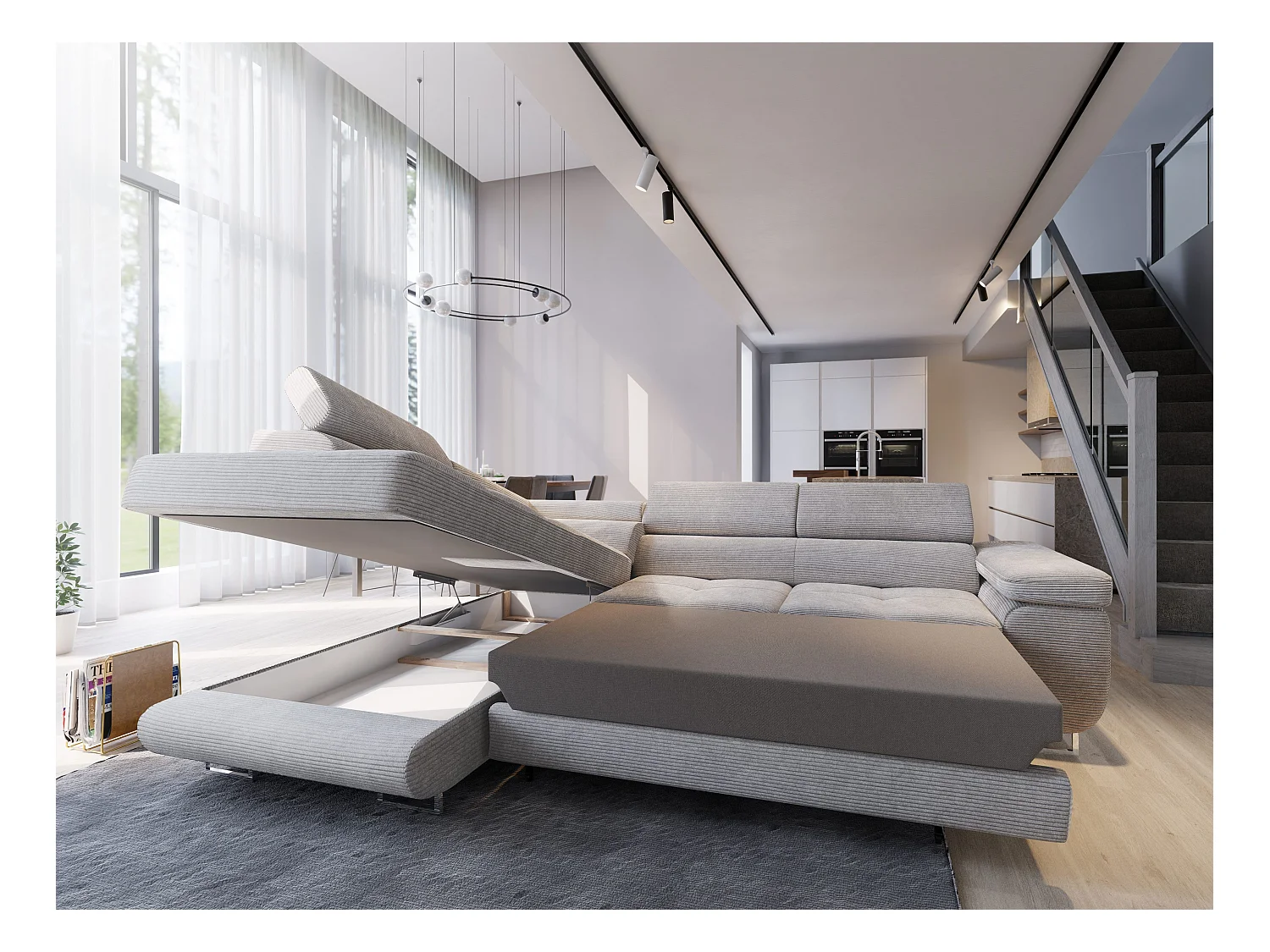 Canapé d'angle APIRO Crème en velours côtelé avec fonction de couchage