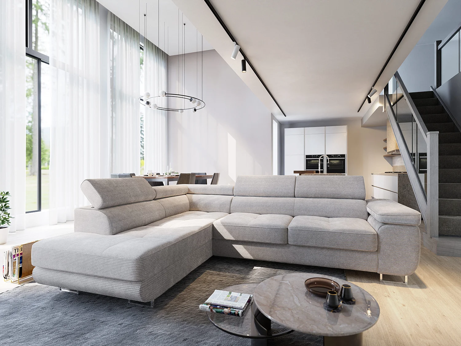 Canapé d'angle APIRO Crème en velours côtelé avec fonction de couchage