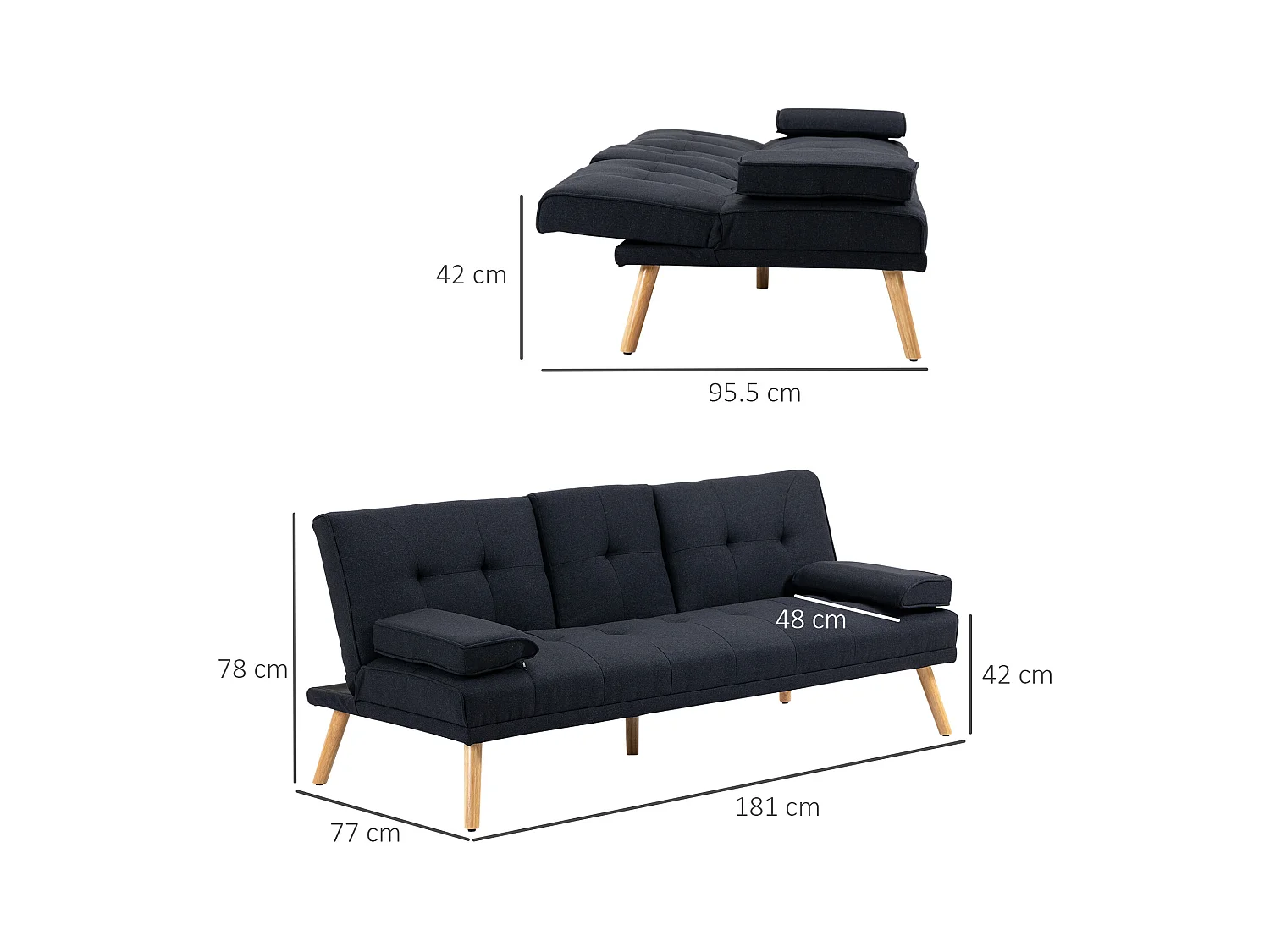 Canapé droit 3 places convertible Clic-clac à 3 positions, noir - 181x77x78cm