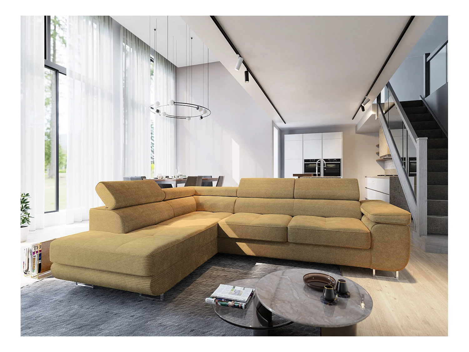 Canapé d'angle APIRO Jaune en velours côtelé avec fonction de couchage