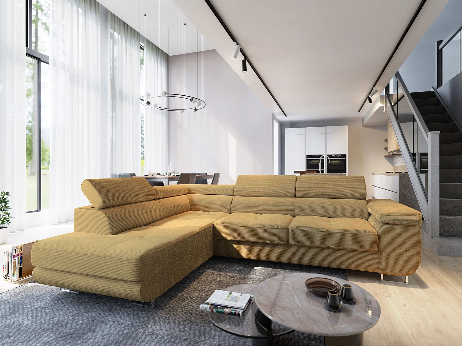 Canapé d'angle APIRO Jaune en velours côtelé avec fonction de couchage