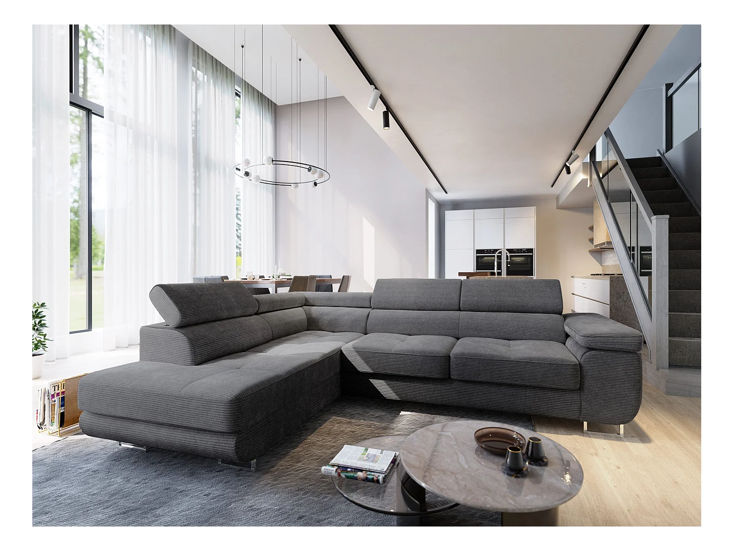 Canapé d'angle APIRO Gris anthracite en velours côtelé avec fonction de couchage