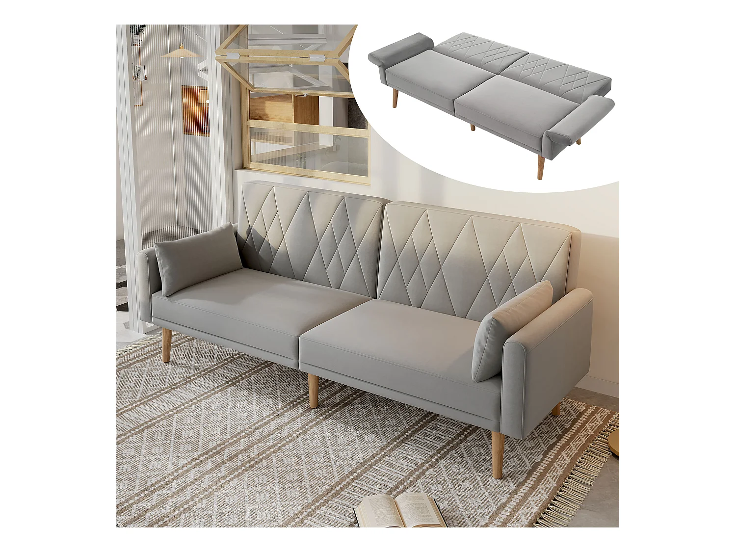 Canapé droit 2 places convertible en velours gris clair, 2 coussins inclus-180x75x82cm