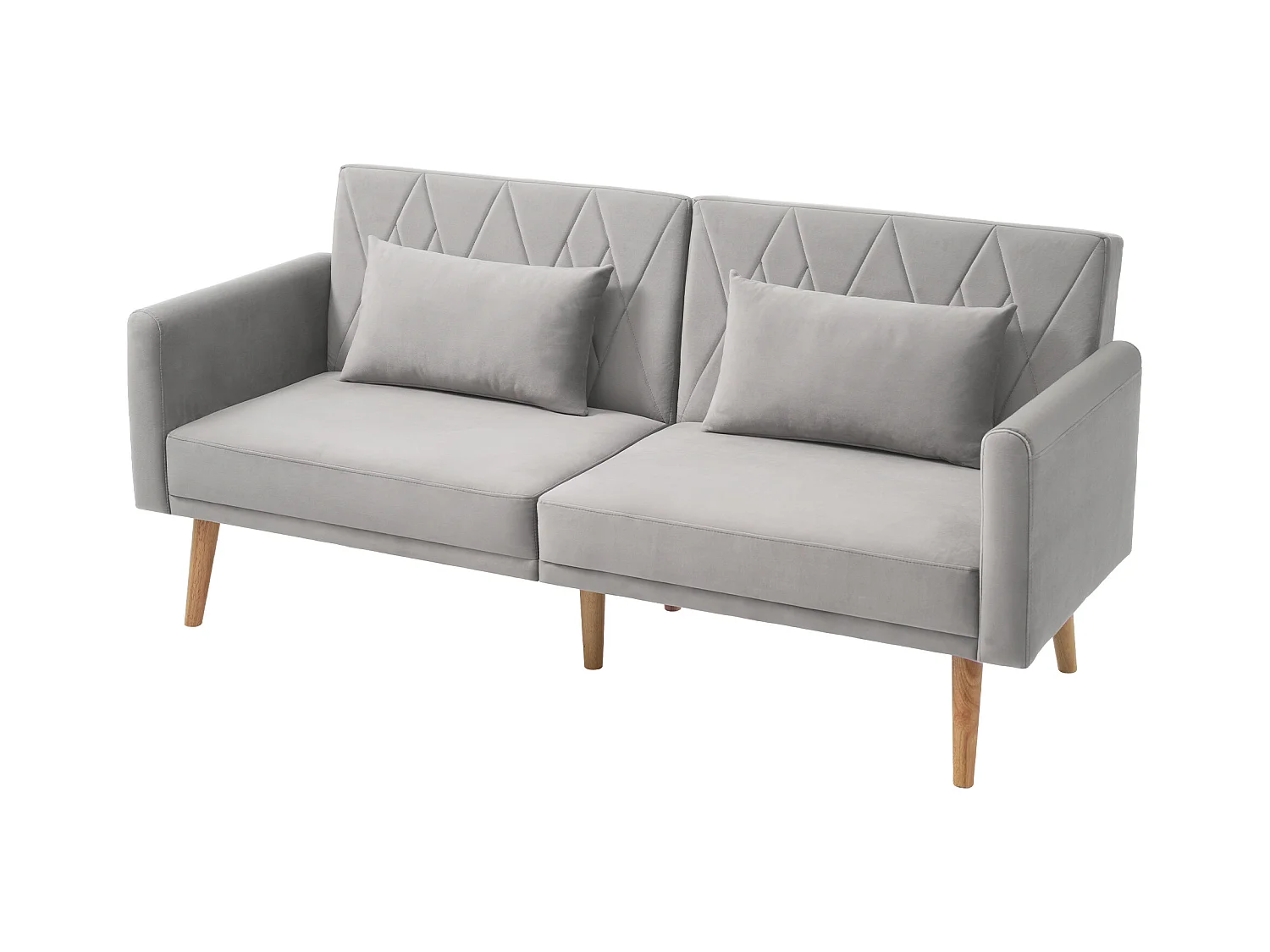 Canapé droit 2 places convertible en velours gris clair, 2 coussins inclus-180x75x82cm