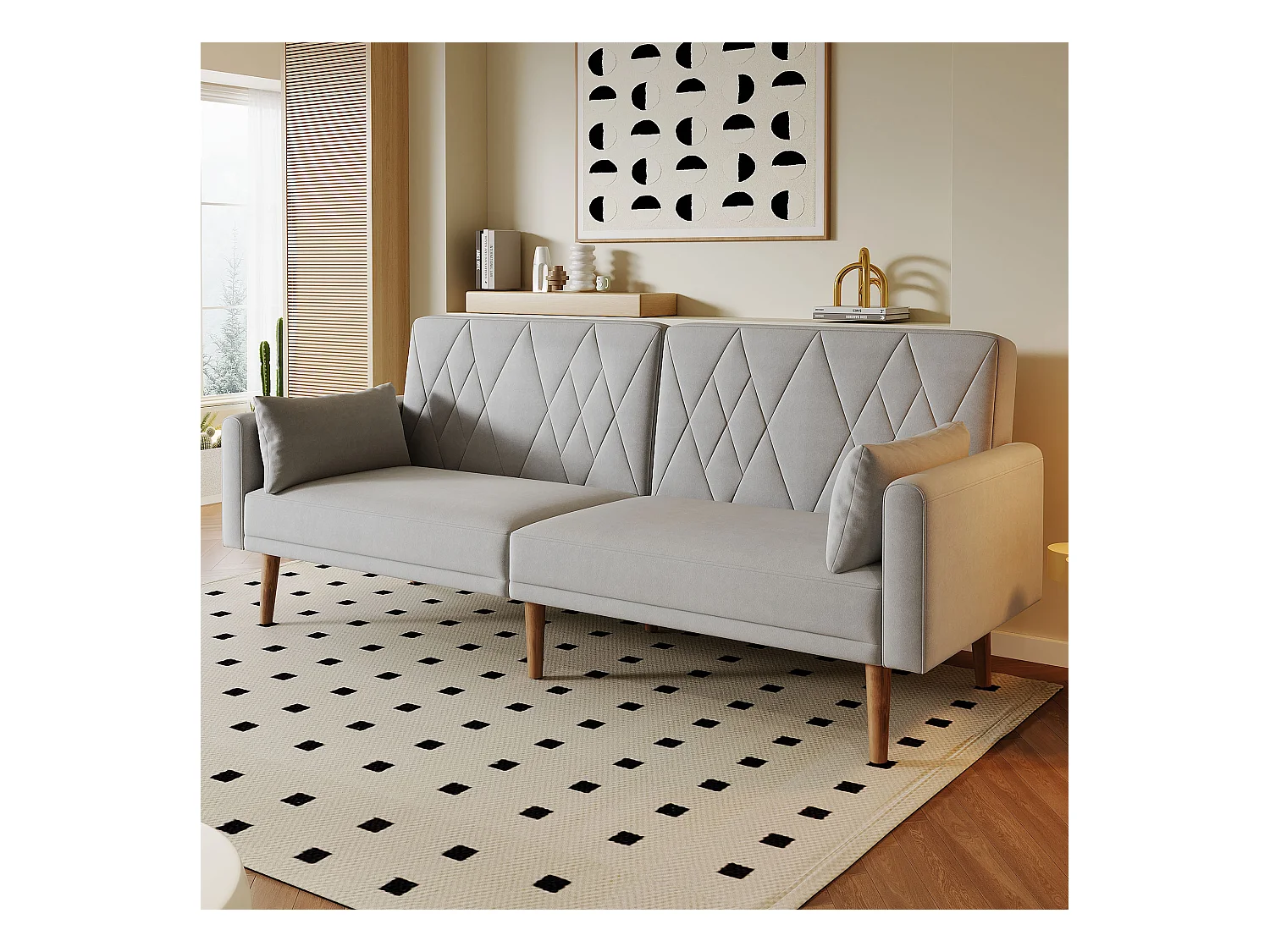 Canapé droit 2 places convertible en velours gris clair, 2 coussins inclus-180x75x82cm