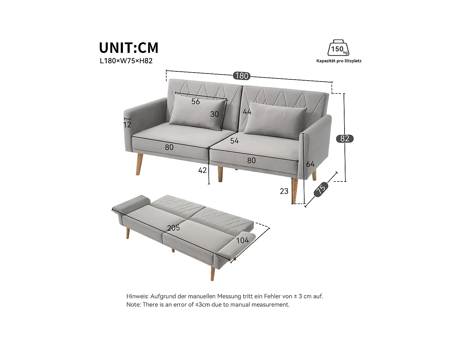 Canapé droit 2 places convertible en velours gris clair, 2 coussins inclus-180x75x82cm
