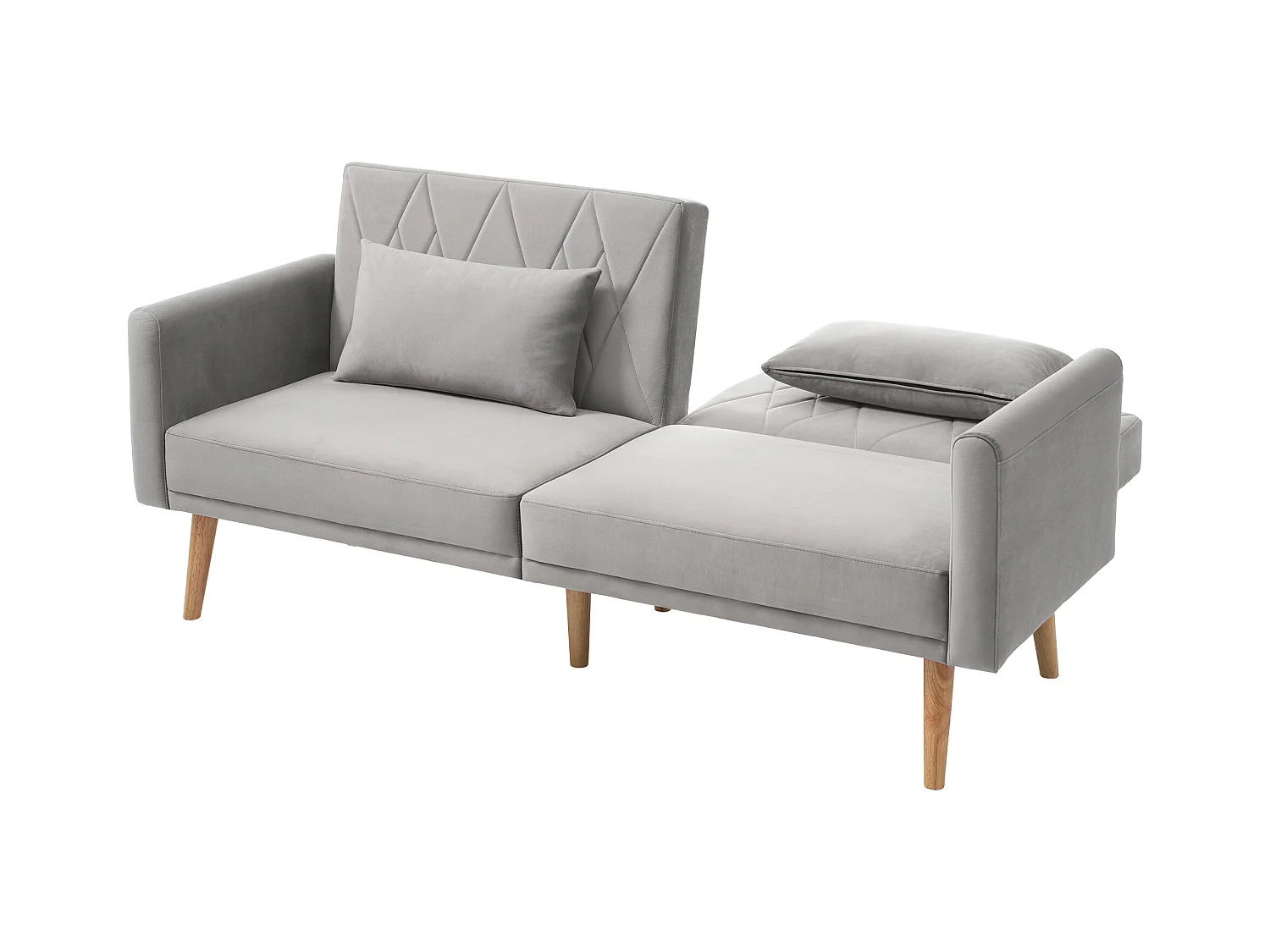 Canapé droit 2 places convertible en velours gris clair, 2 coussins inclus-180x75x82cm