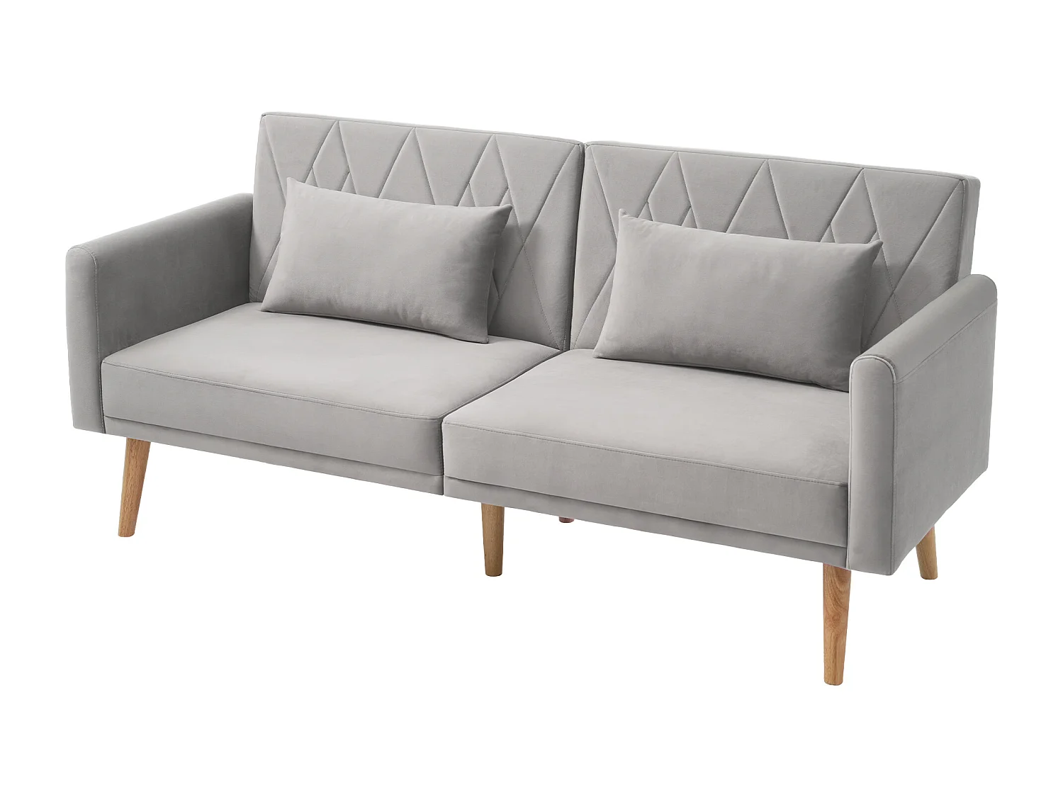 Canapé droit 2 places convertible en velours gris clair, 2 coussins inclus-180x75x82cm