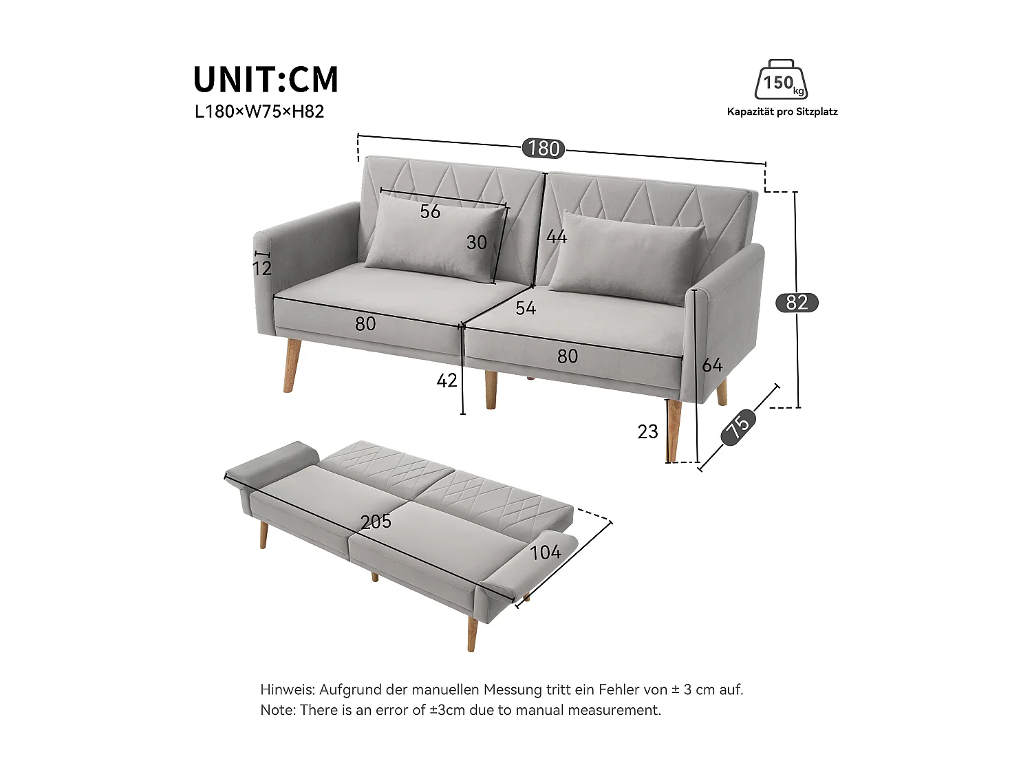Canapé droit 2 places convertible en velours gris clair, 2 coussins inclus-180x75x82cm