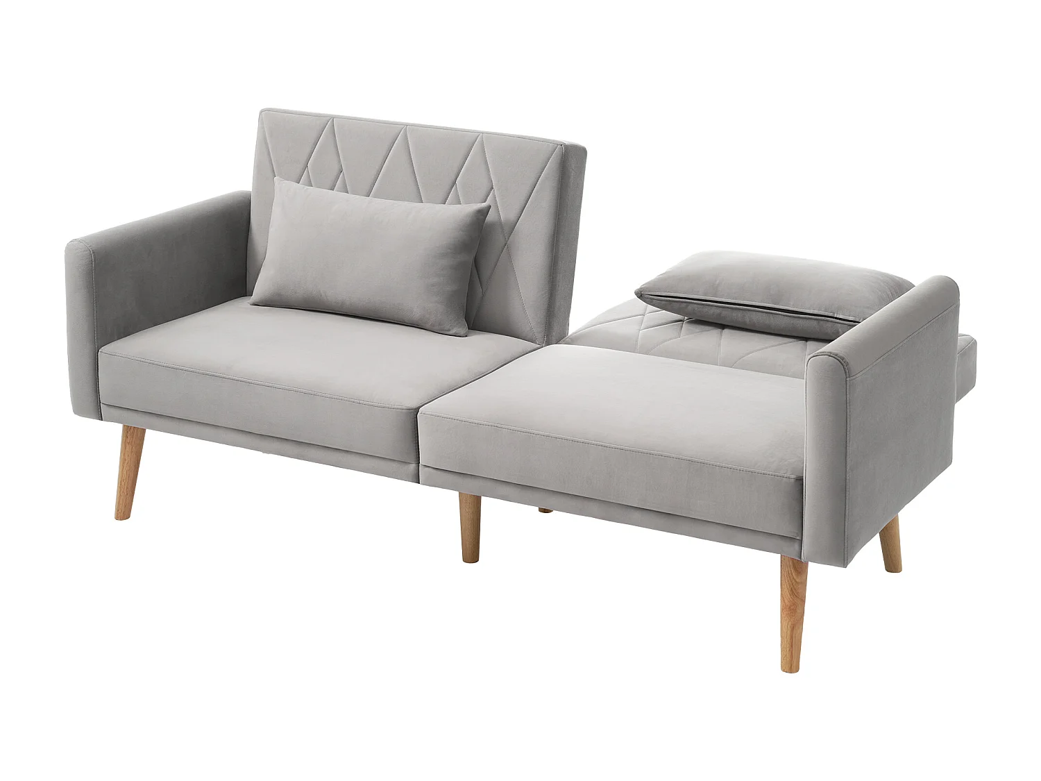 Canapé droit 2 places convertible en velours gris clair, 2 coussins inclus-180x75x82cm