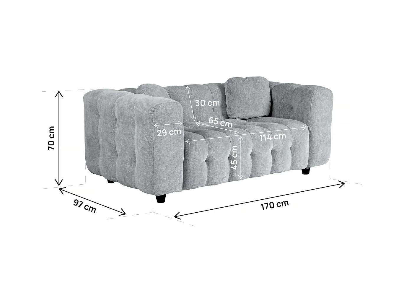Rechte bank "Vendome" van 2 zitplaatsen van Chenille-stof Grijs Comfortabel en Elegant