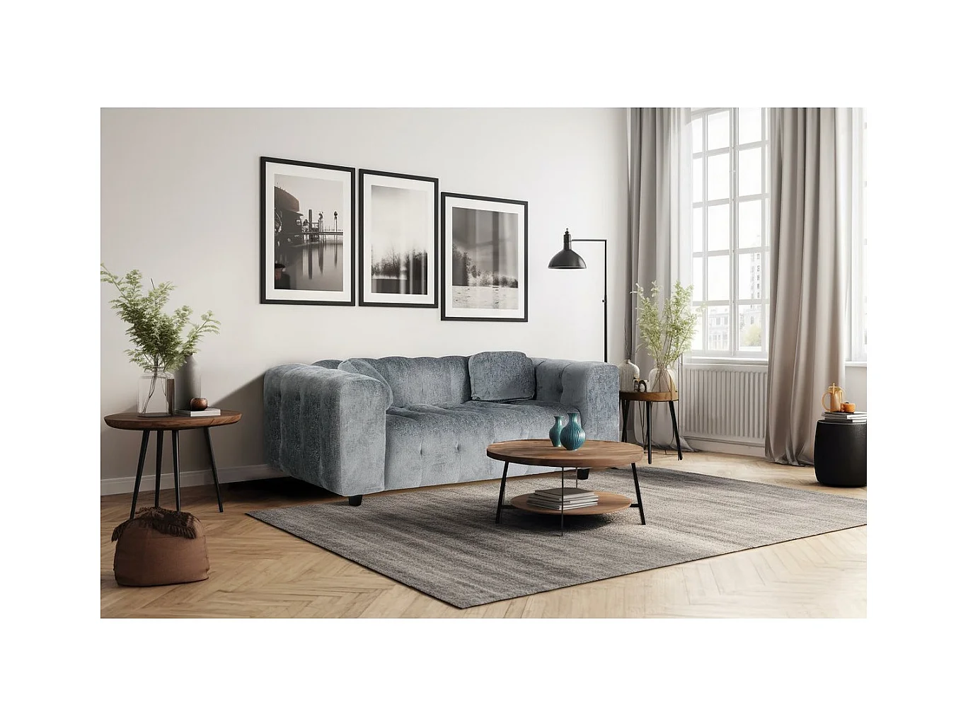 Canapé droit en tissu chenille "Vendome" - 2 places - Gris