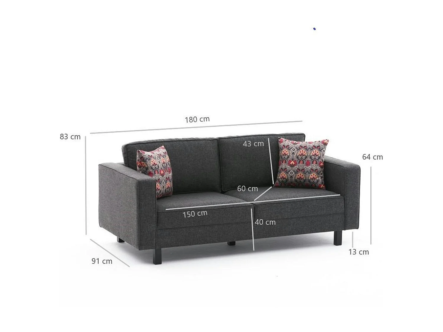 Canapé 2 places anthracite - pieds droits CORTONA