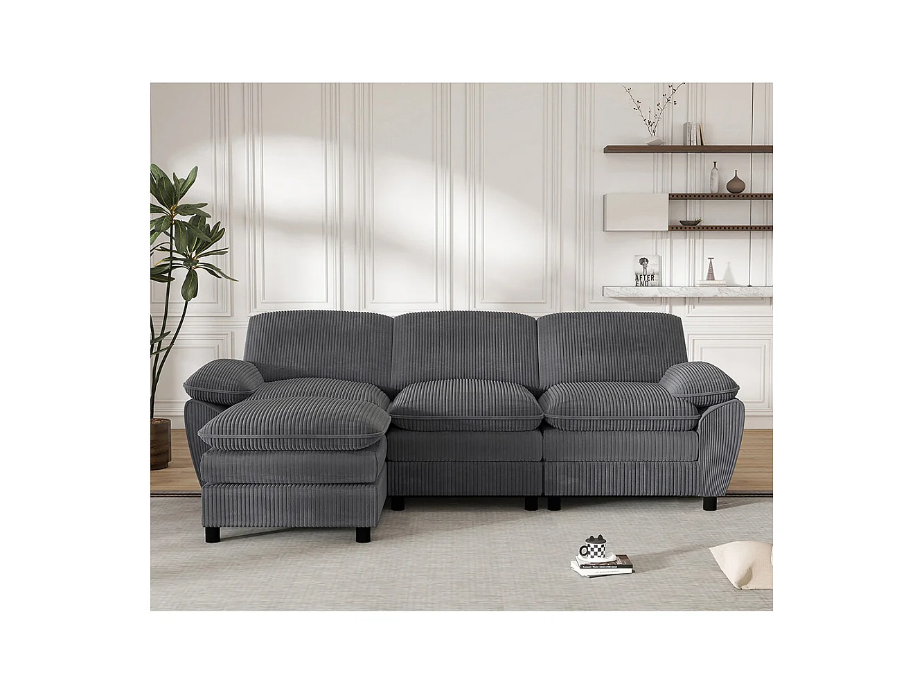 Canape d'angle combiné modulaire gris foncé canapé à double coussin canapé combiné en velours avec lampe et pouf ottoman amovible