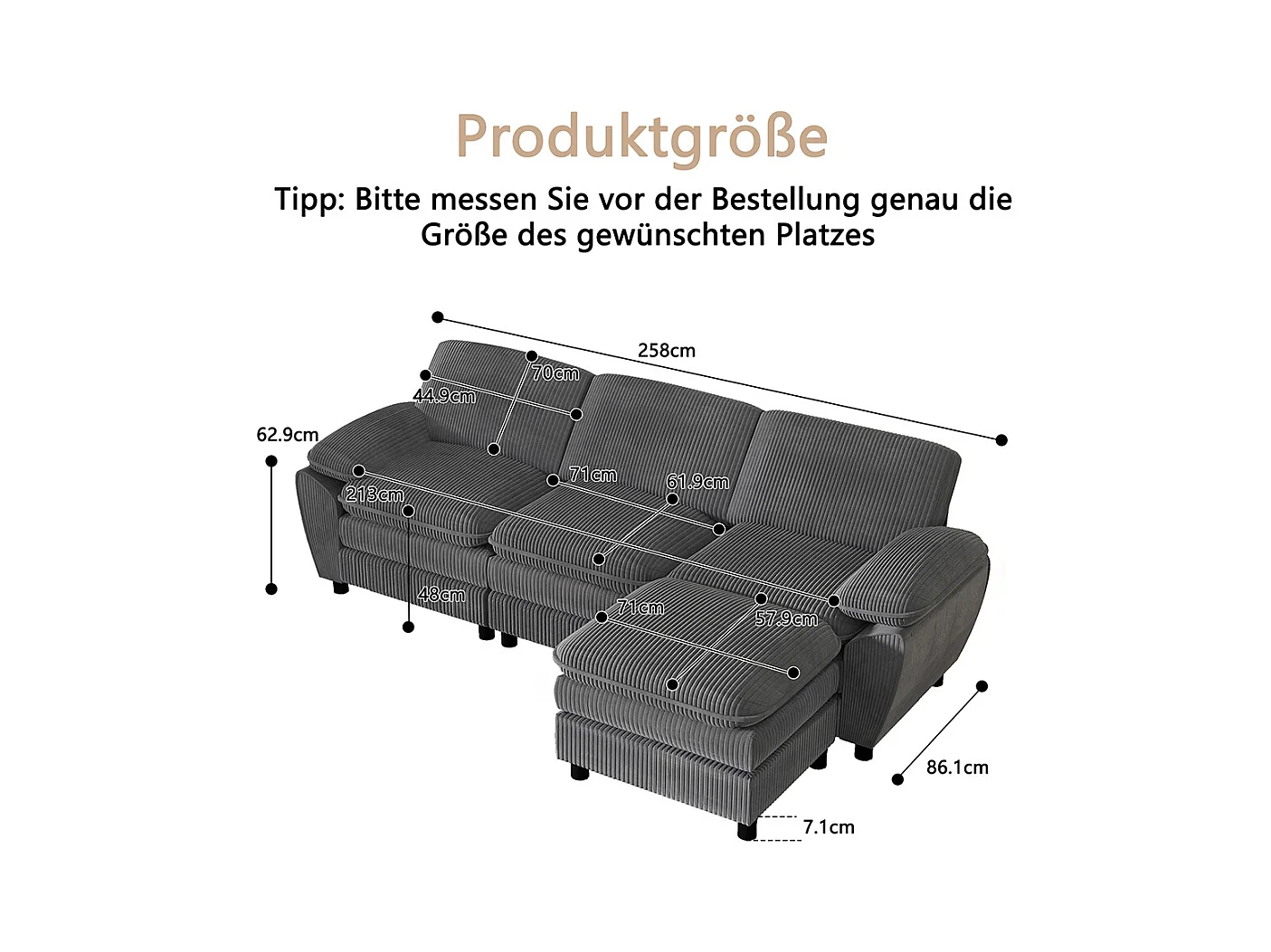 Canape d'angle combiné modulaire gris foncé canapé à double coussin canapé combiné en velours avec lampe et pouf ottoman amovible