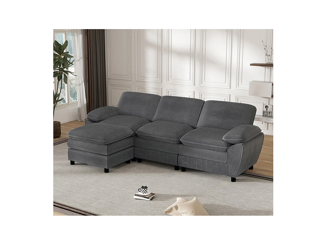 Canape d'angle combiné modulaire gris foncé canapé à double coussin canapé combiné en velours avec lampe et pouf ottoman amovible