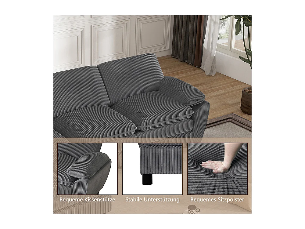 Canape d'angle combiné modulaire gris foncé canapé à double coussin canapé combiné en velours avec lampe et pouf ottoman amovible