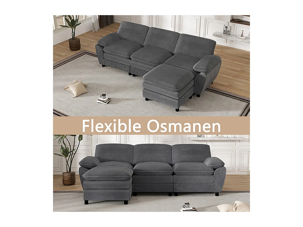 Canape d'angle combiné modulaire gris foncé canapé à double coussin canapé combiné en velours avec lampe et pouf ottoman amovible