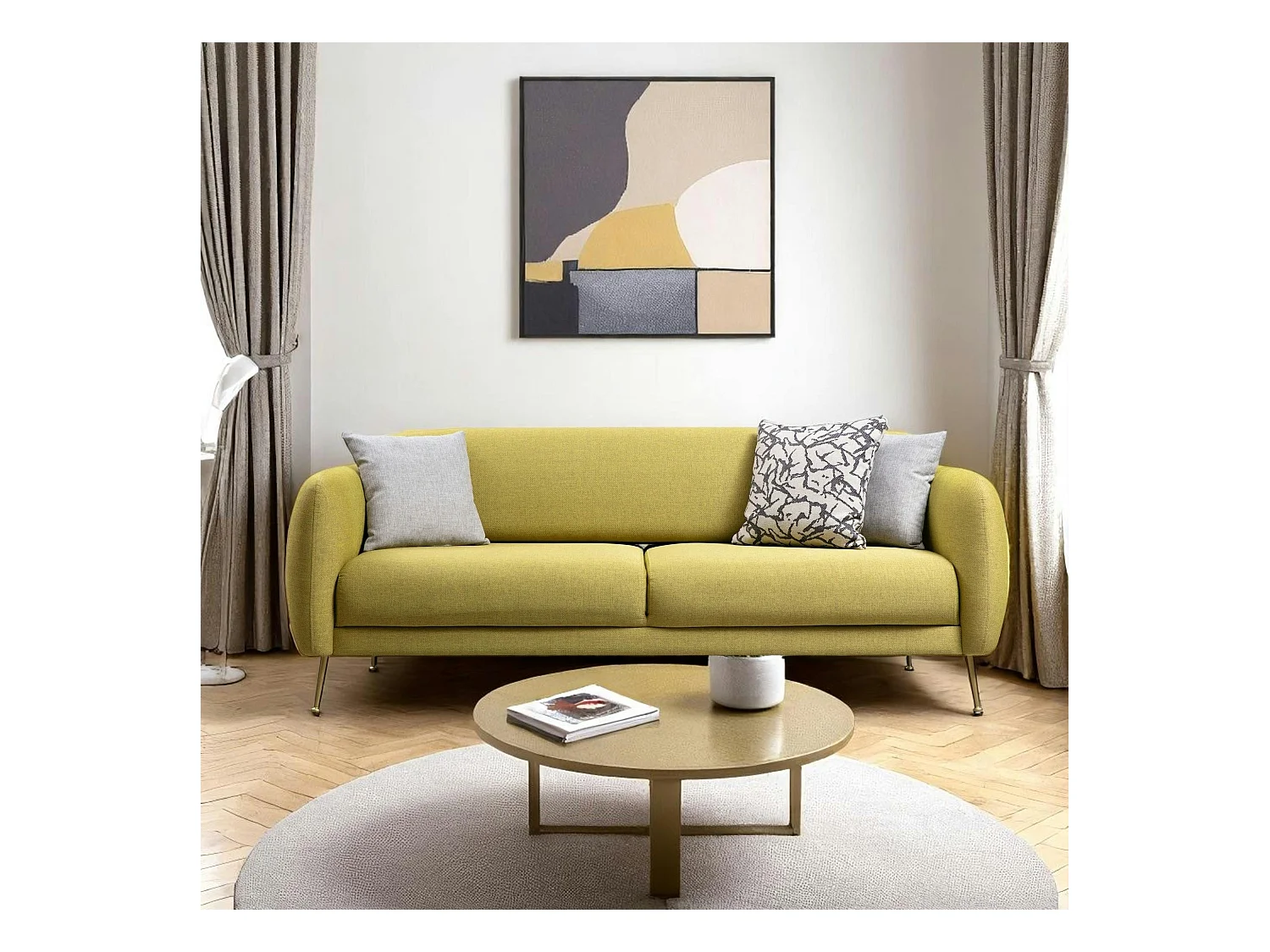 Canapé 3 places citron - lit d'appoint, pieds dorés PAIMPOL