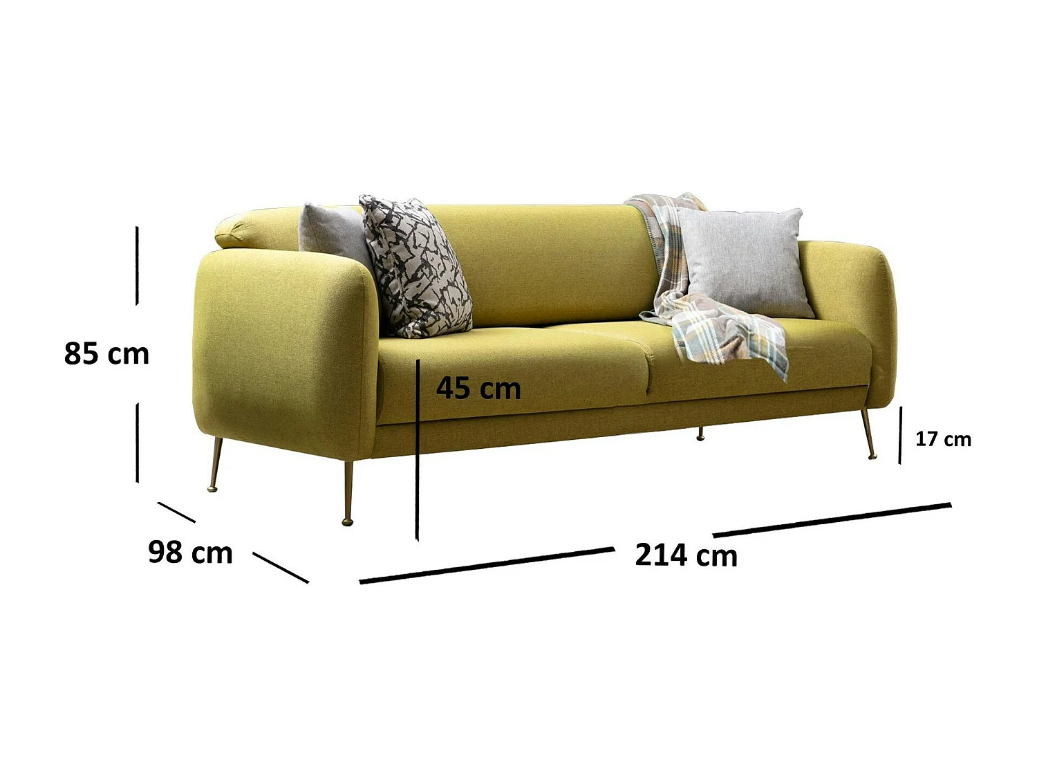Canapé 3 places citron - lit d'appoint, pieds dorés PAIMPOL