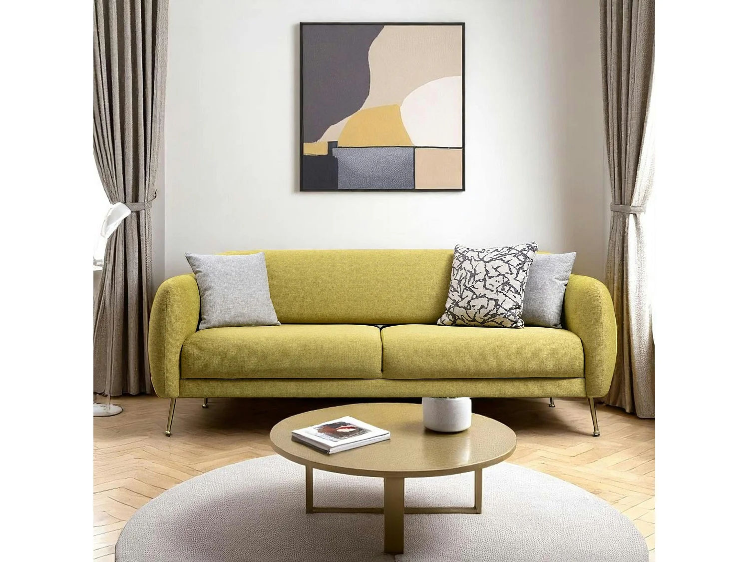 Canapé 3 places citron - lit d'appoint, pieds dorés PAIMPOL