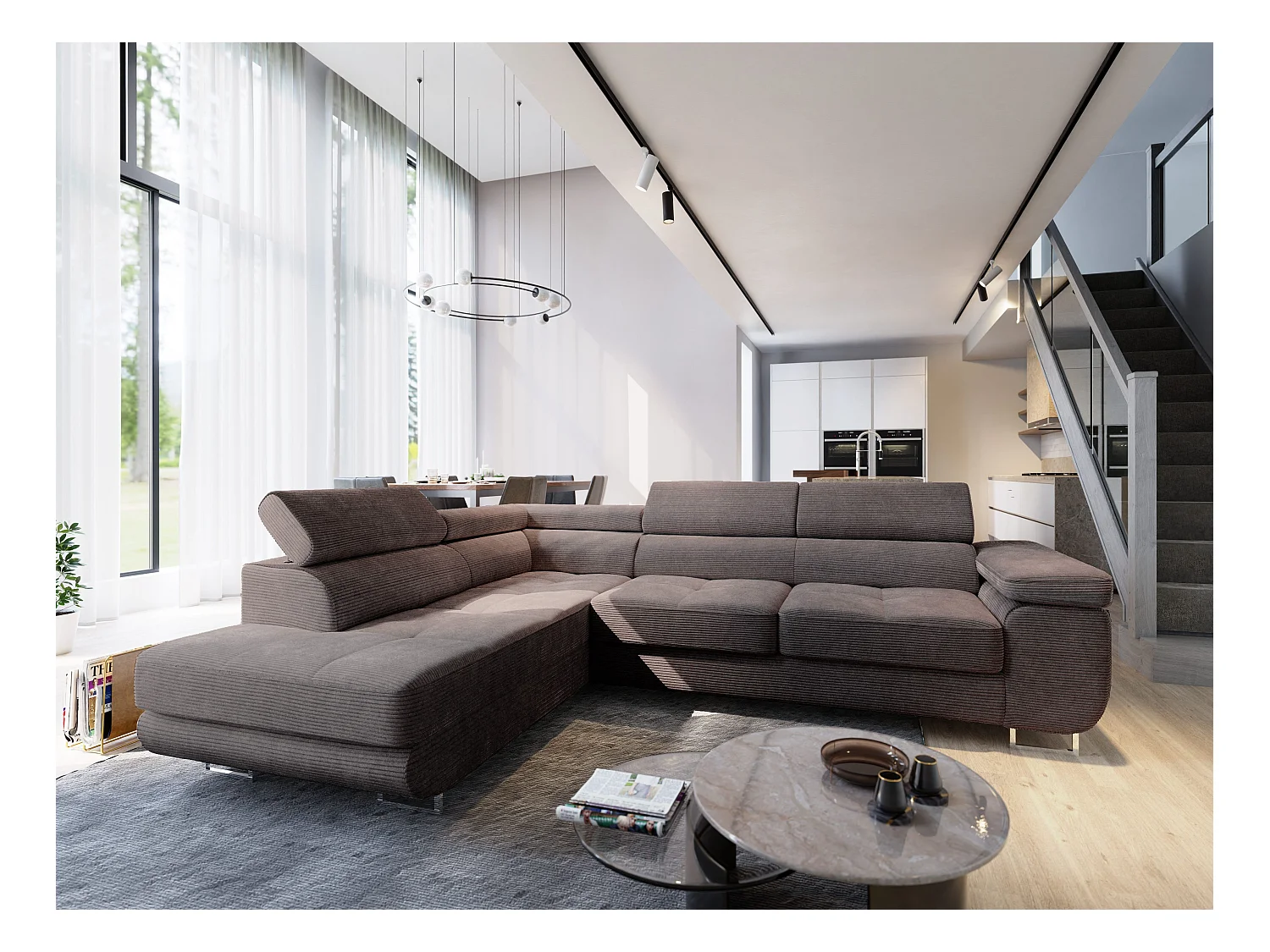 Canapé d'angle APIRO Marron en velours côtelé avec fonction de couchage