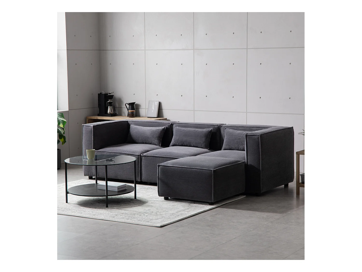 Canapé modulable 3 places velours côtelé gris avec pouf MODULAR